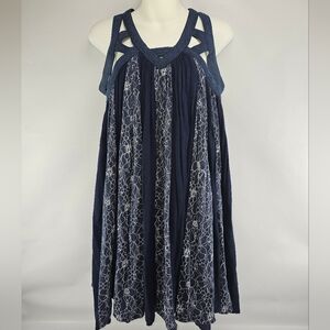 Esley Bohemian Flowy Midi Dress with Lattice Straps Navy Small